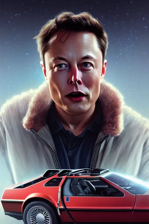 Image similar to elon musk as marty mcfly near delorean, realistic portrait, symmetrical, highly detailed, digital painting, artstation, concept art, smooth, sharp focus, illustration, cinematic lighting, art by artgerm and greg rutkowski and alphonse mucha