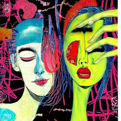 Prompt: beautiful painting of two bizarre psychedelic women kissing each other closeup in tokyo in summertime, speculative evolution, mixed media collage by basquiat and junji ito, magazine collage art, paper collage art, sapphic art, lesbian art