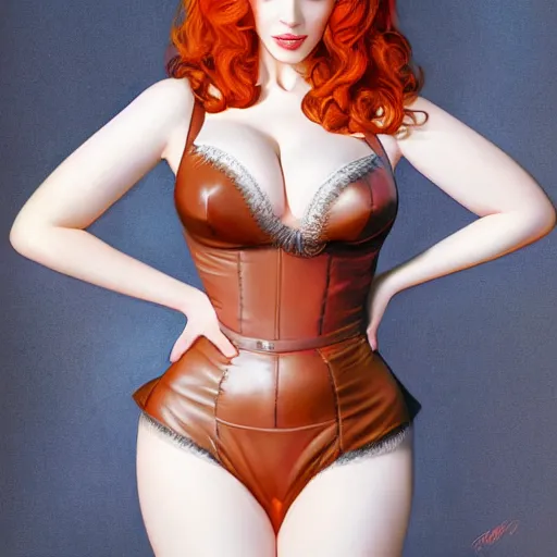 Image similar to photo of a gorgeous christina hendricks in the style of stefan kostic, realistic, professionally, professionally color graded, half body shot, baby oil, leather body suit, sharp focus, 8 k high definition, insanely detailed, intricate, elegant, art by stanley lau and artgerm
