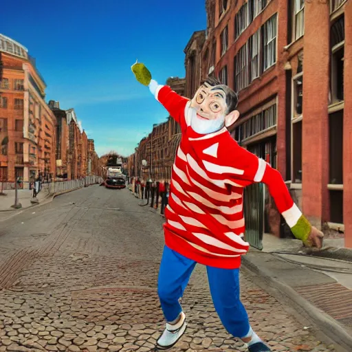 Prompt: a high quality photoshoot photograph of mr. bean as waldo from where's waldo