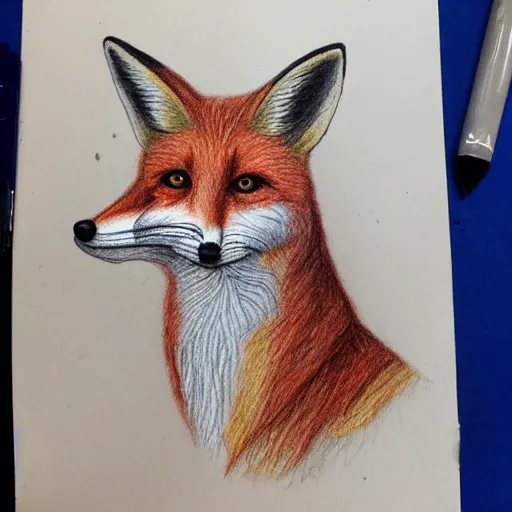 Prompt: colored pencil drawing of a fox in a waistcoat Iooking through a microscope