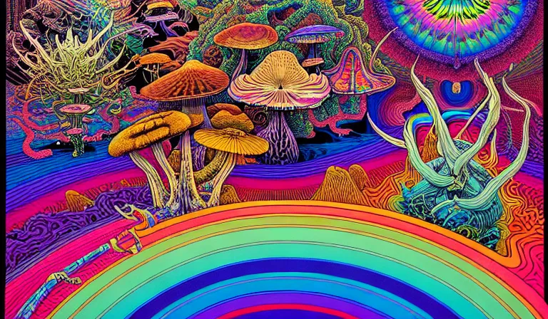 Image similar to an expansive rendering of beautiful and complex oneness of all things by dan mumford, by jim fitzpatrick, by joe wilson, by jim burns, by victo ngai, by jacek yerka, surrounded with colorful magic mushrooms and rainbowcolored marihuana leaves, insanely integrate, featured on deviant art, trending on artstation