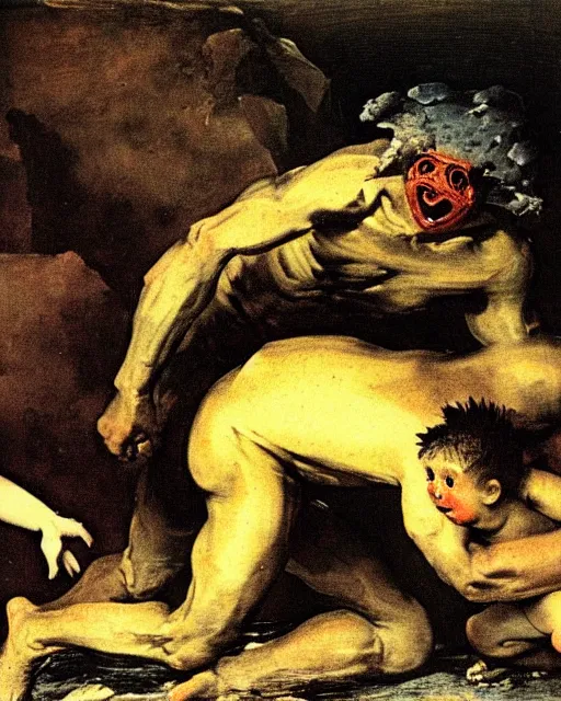 Prompt: the titan kronos being devoured by his son, painted by goya