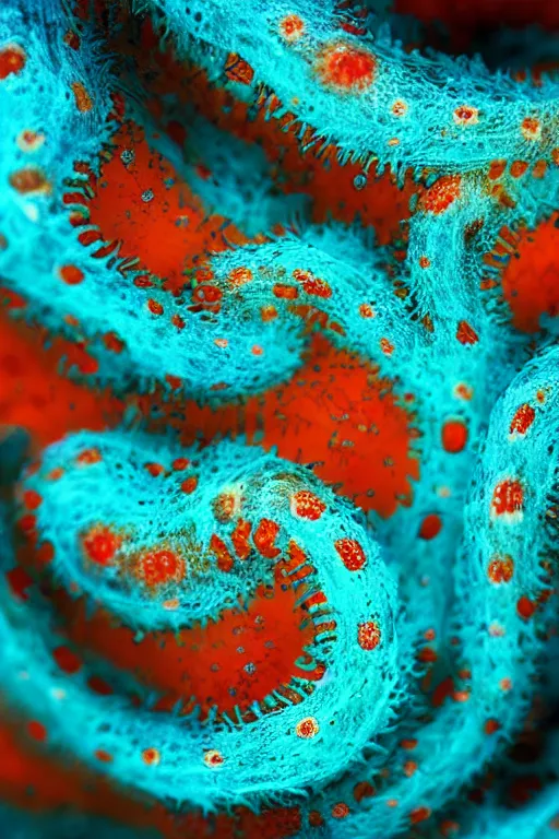 Prompt: high quality close-up photo translucent biomechanic worms! gorgeous orange dots highly detailed hannah yata elson peter cinematic turquoise lighting high quality low angle hd 8k sharp shallow depth of field