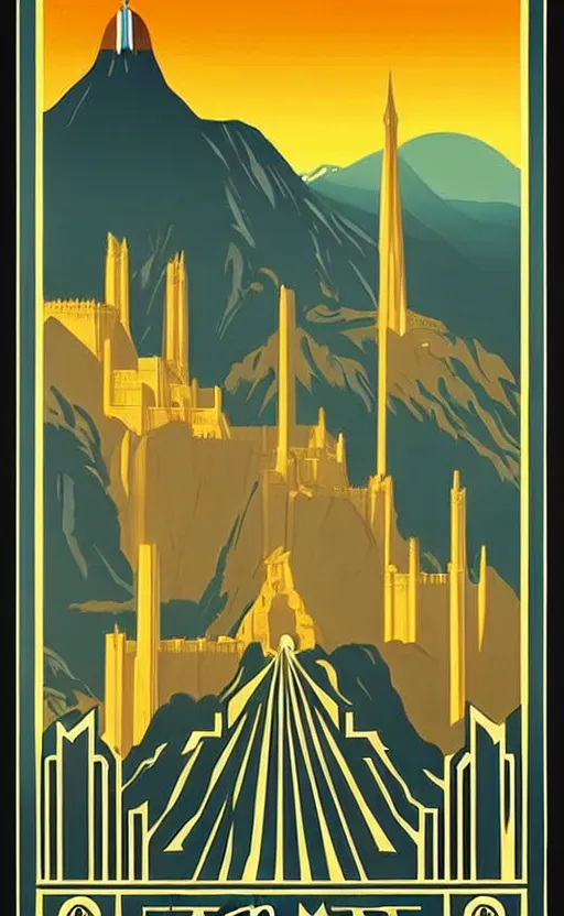 Prompt: art deco travel poster. visit minas tirith, lord of the rings
