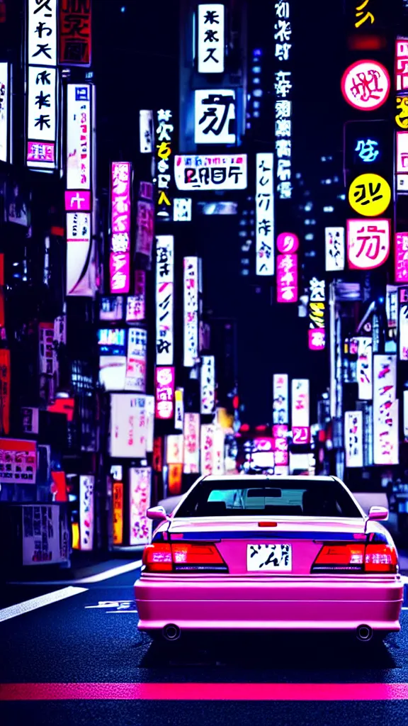 Image similar to a car drift spec JZX100 in middle of road, shibuya prefecture, city midnight neon lights, cinematic color, photorealistic, highly detailed