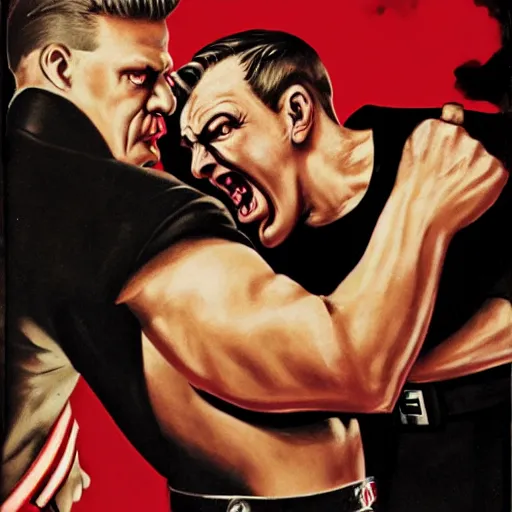 Image similar to UHD candid photo of Duke Nukem Punching Hitler, with accurate faces, UHD, photorealistic, correct faces, real hitler, photo by Annie Leibowitz