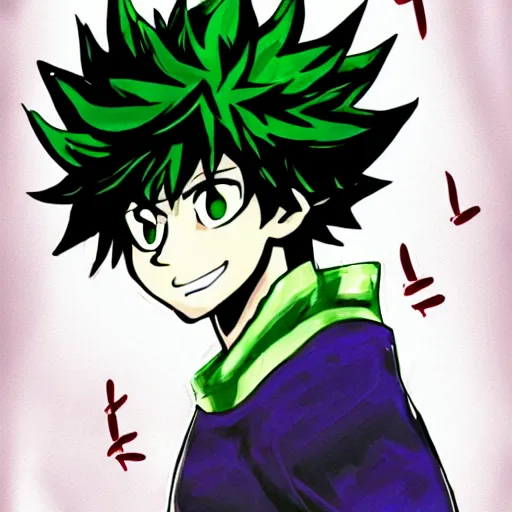 Goku from dbz mixed with deku from my hero academia, painting style, with a  good background