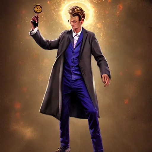 Prompt: foxish guy in a lab coat, casting spells, trending on artstation, 10th doctor who