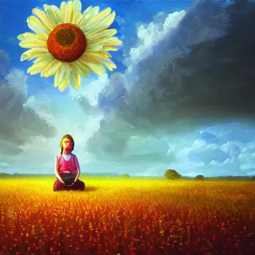 Image similar to giant daisy flower head, girl sitting in a flower field, surreal photography, sunrise, dramatic light, impressionist painting, colorful clouds, digital painting, artstation, simon stalenhag