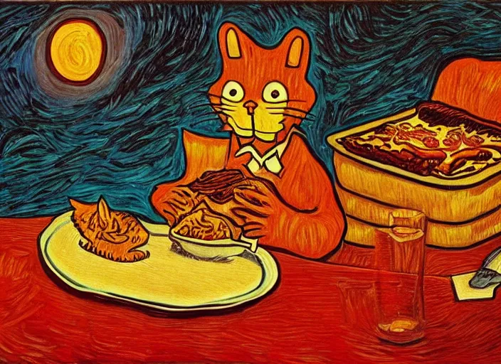 Image similar to surrealist painting of garfield eating lasagna at dusk, in the style of vincent van gogh and salvador dali and wayne barlowe