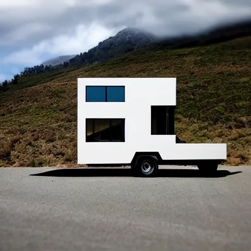 Image similar to concept flatbed truck with modern tinyhouse, minimalistic design, mountain road landscape