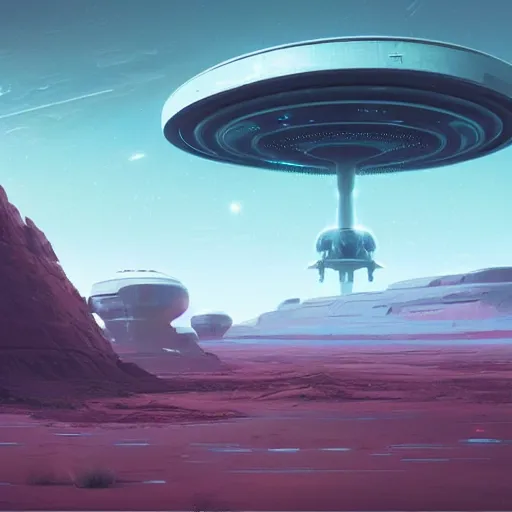 Prompt: alien ship in a foreign landscape, by beeple, Greg rutkowski, Peter morbacher