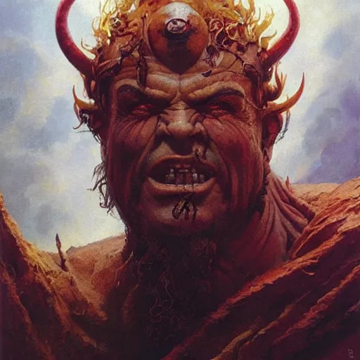 Prompt: head and shoulders portrait of a flamimg helmed fire giant, d & d, fantasy, greg rutkowski, frank frazetta, alexandre chaudret, boris vallejo, michael whelan, miro petrov, hr giger, magali villeneuve, donato giancola