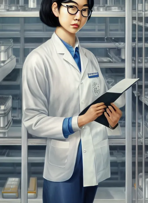 Prompt: beautiful asian girl with short white hair, wearing lab coat and glasses, holding a clipboard, standing inside a research facility, character portrait, 1 9 6 0 s, long hair, intricate, elegant, highly detailed, digital painting, artstation, concept art, smooth, sharp focus, illustration, art by wlop, charlie bowater and alexandra fomina