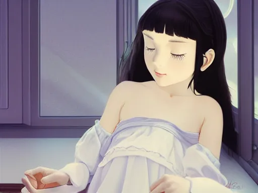 Image similar to room with an little girl with an long black hair dressed in a simple white dress sleeping, anime art style, digital art ilya kuvshinov, inspired by balthus, hd, 4 k, hyper detailed, dark, anatomically correct, angelic face