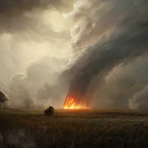 Prompt: an epic view of a smoke tornado destroying a farmhouse, twister, dust devils, flying particles, concept art, by jean duplessis - bertaux and greg rutkowski, trending on artstation