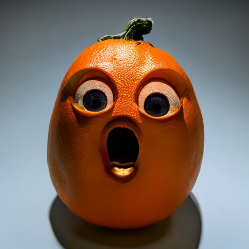 Image similar to a taxidermized annoying orange, in a museum, 8 5 mm lens, 7 0 mm entrance pupil diameter