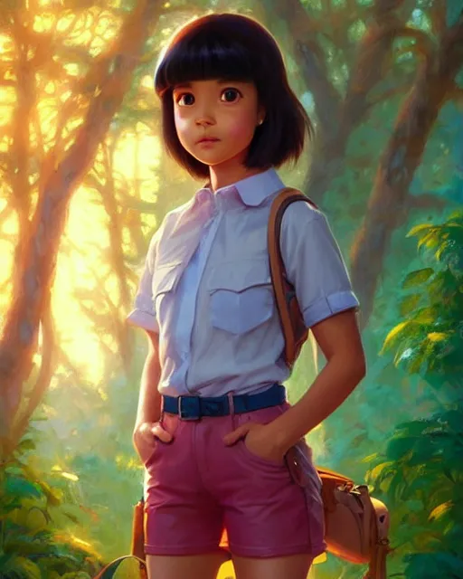 Image similar to real girl dora the explorer wearing her cloth made from leather, fine detail!! anime!! realistic shaded lighting!!, kim hyun joo, digital painting by ilya kuvshinov, magali villeneuve, artgerm, jeremy lipkin and michael garmash and rob rey