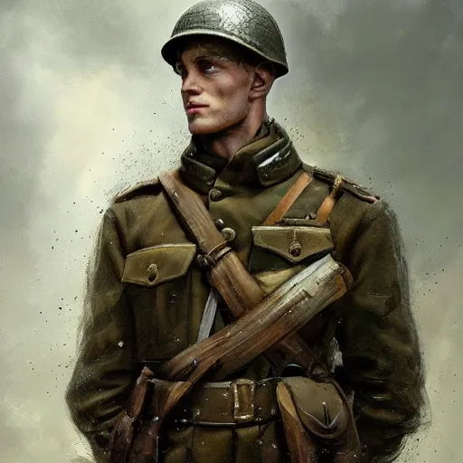 Image similar to a dramatic epic ethereal portrait of a German WWII soldier, full body with dynamic pose, male, detailed face, cinematic lighting, highly detailed oil on canvas painting by Greg Rutkowski, winning-award digital art trending on Artstation H 1024 W 832