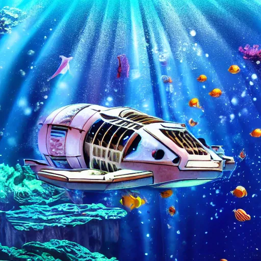 Image similar to a spaceship in water surrounded by fish and coral reef