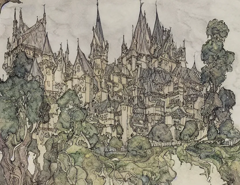 Prompt: a detailed, intricate watercolor and ink illustration with fine lines of the view from the river of an art nouveau castle, by arthur rackham and edmund dulac and lisbeth zwerger