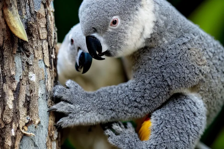 Image similar to award winning nature photograph of a parrot's beak on a cuddly koala in a tree. the koala is eating a eucalyptus leaf. focus on the beak. extreme detail, hyperrealistic photo, smooth, trending on artstation