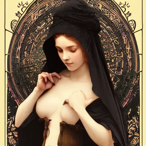 Image similar to beautiful girl wearing a black cloak standing in a forest, intricate, art by artgerm and greg rutkowski and alphonse mucha and william - adolphe bouguereau, high detailed, 4 k,