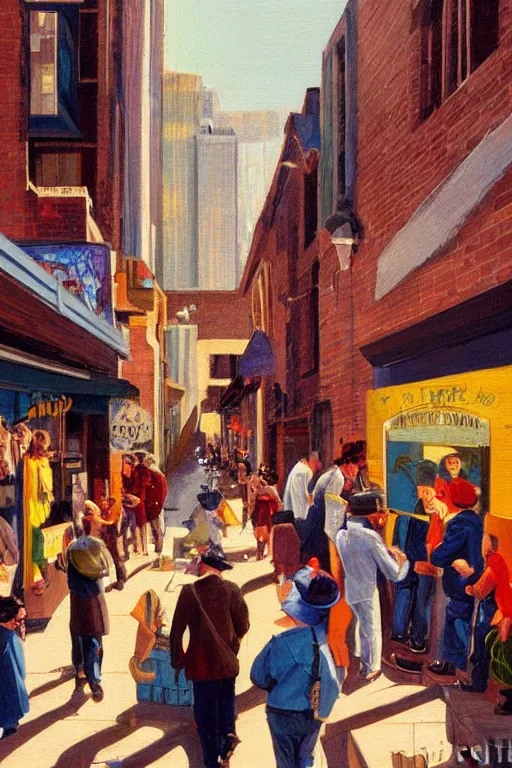 Prompt: a group of people trading art in a city alley, an ultrafine detailed painting by john philip falter, shutterstock, american scene painting, movie still, concert poster, poster art