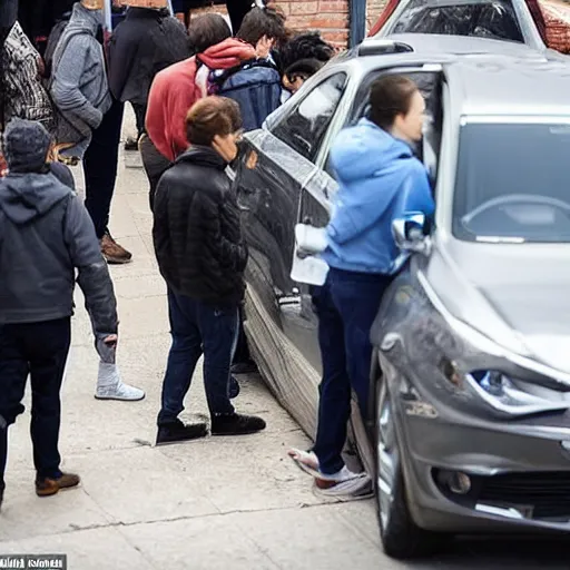 Image similar to car-manipulator picks up one person from a queue of people looking for a store