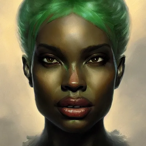 Prompt: A head-on detailed oil fantasy portrait of a beautiful black woman with pale green eyes and long white hair by greg rutkowski and artgerm, trending on artstation, dungeon and dragons art