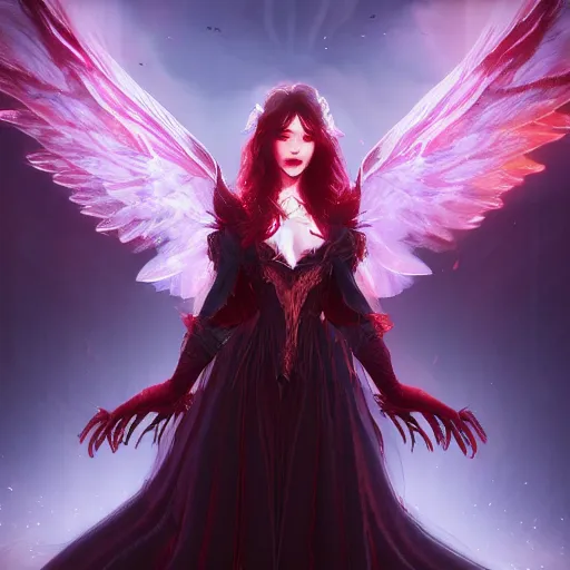 Prompt: young vampire princess with burning wings 4 k high definition gorgeous dramatic lighting artstation trending path traced contrast light and dark cinematic breathtaking by hans zatzka