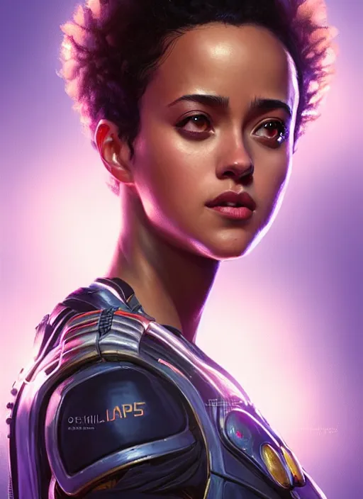 Image similar to portrait of apex legends nathalie emmanuel, intricate, elegant, glowing lights, highly detailed, digital painting, artstation, glamor pose, concept art, smooth, sharp focus, illustration, art by artgerm and greg rutkowski, artey freytag