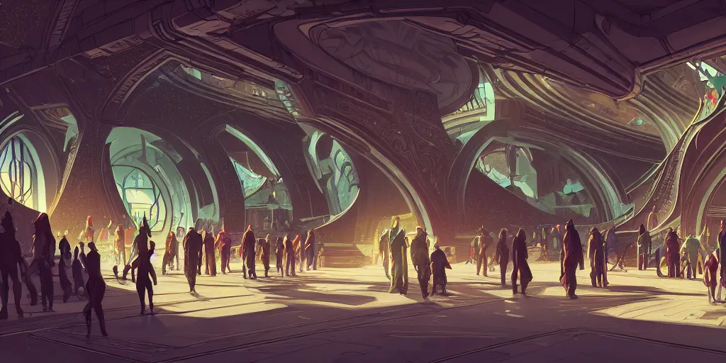 Image similar to cel shaded cinematic shot of the interior of a sci-fi space station with ornate Elven architecture bustling with people, cars, epic castle, emerald, crystalline, detailed illustration, sharp focus, concept art