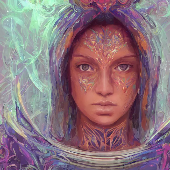 Image similar to portrait of a future metaverse ayahuasca tech shaman warrior, 2 d cartoon, visionary art, symmetric, magick symbols, holy halo, shipibo patterns, sci - fi, concept art, trending on art station, 8 k digital art, by mandy jurgens, fantasy portrait art, anime