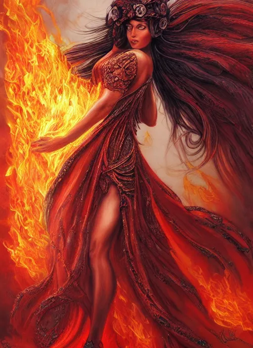 Image similar to a goddess walking through flames, hyperdetailed, digital drawing, artstation, intricate, elegant, by Julie Bell