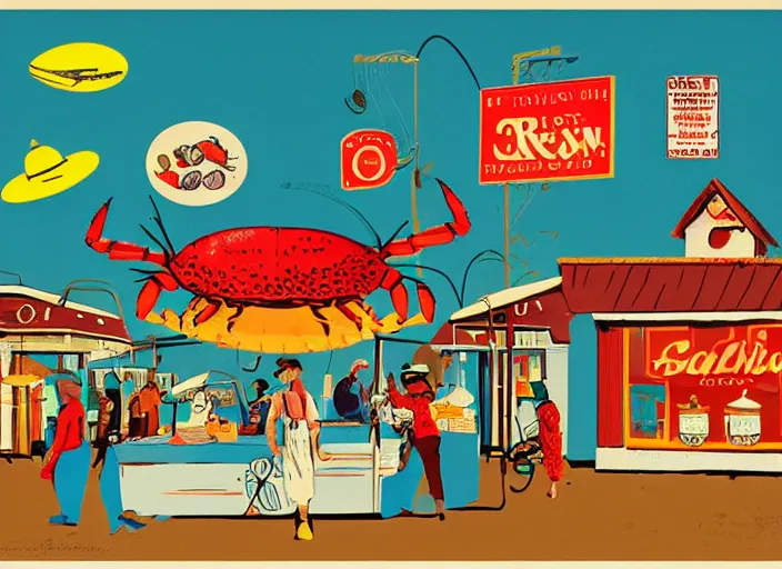 Image similar to a whimsical storybook illustration of crab sellers, 1 9 5 0 s americana tourism, lowbrow pop art style