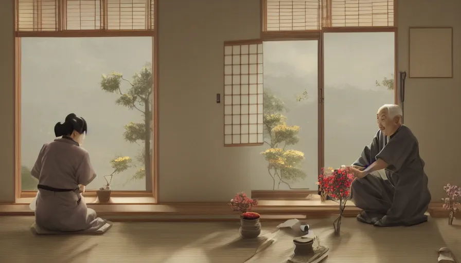 Prompt: old japanese man giving flowers to his wife, japanese house, romantic, drawing, light through windows, hyperdetailed, artstation, cgsociety, 8 k