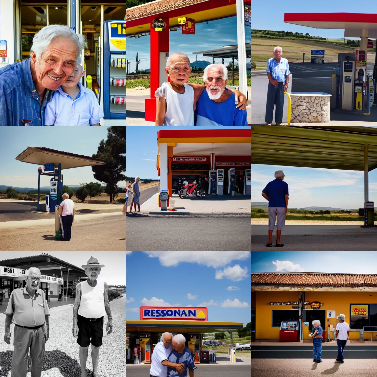 Prompt: a grandpa and his grandson outside a countryside gas station in spain summer hot horizon