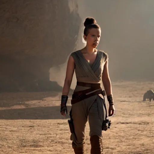 Prompt: A still of Scarlett Johansson as Rey in Star Wars: The Force Awakens (2015)