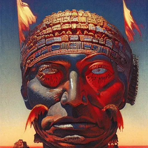 Prompt: giant mayan joe biden!!!!!!!!!!!!!!!!!!!!!!!! with flaming eyes standing over city, perfectly clear face, by j. c. leyendecker and beksinski