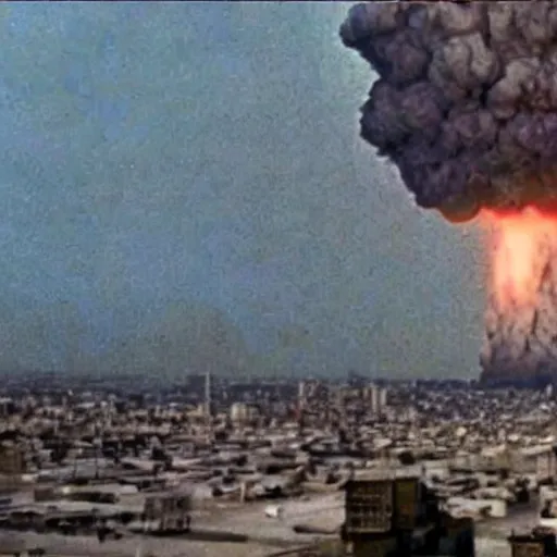 Prompt: nuclear explosion, mushroom cloud, 2 4 0 p full color grainy footage, 2 0 0 6 youtube video, shockwave destroyed buildings, helicopter footage over city, fleeing crowds of people — ar 4 : 3