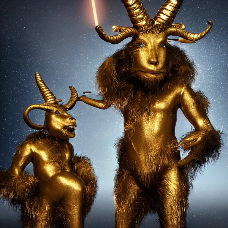 Image similar to octane render portrait by national geographic and wayne barlow and carlo crivelli and glenn fabry, a demon with the furry head of a goat with shining golden horns wearing a tight iridescent silver latex pants and shirt, inside an explosion of glitter, cinema 4 d, ray traced lighting, very short depth of field, bokeh