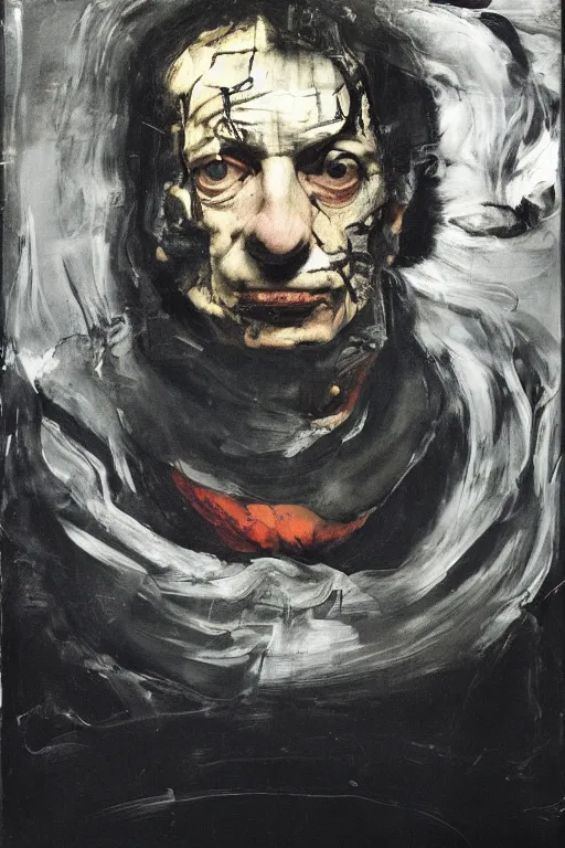 Image similar to menacing portrait of medici emerging from the dark void, loneliness in the dark void, painted by Adrian Ghenie, Eugène Delacroix, Francis Bacon painted by Lucian Freud, polaroid, Renaissance, John Singer Sargant, glitch