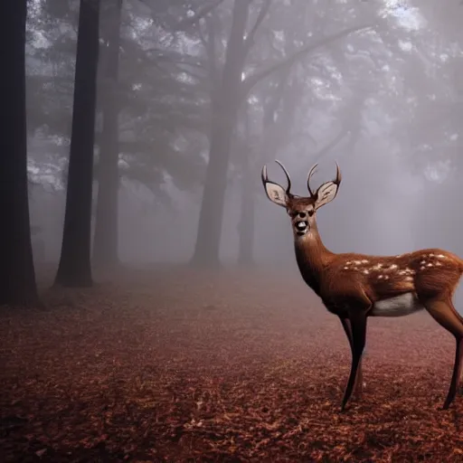 Image similar to a deer with a ruby ​​in its forehead stands in the middle of a dark foggy forest, cinematic, 4k,