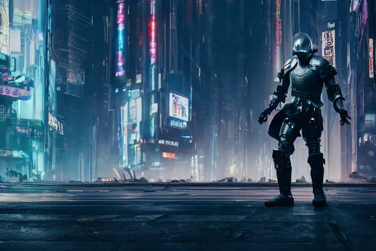 Prompt: professional photo of a cyberpunk knight in armor on the busy streets of a dystopian futuristic city with pedestrians, 4k, octane render, Unreal Engine