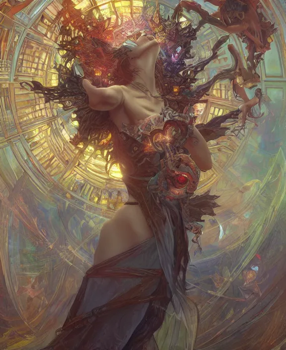 Image similar to a whirlwind of souls rushing inside the metaverse, half body, glowin eyes, insect, lizard, d & d, fantasy, intricate, elegant, highly detailed, colorful, vivid color, digital painting, artstation, concept art, art by artgerm and greg rutkowski and alphonse mucha and ruan jia