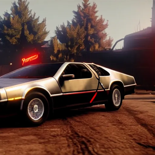 Prompt: dmc 1 2 delorean with a jet engine on the back in red dead redemption 2