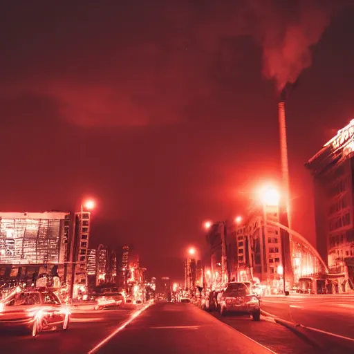 Prompt: city on fire at night, people wearing black clothes, sky is red, 4k, photorealistic