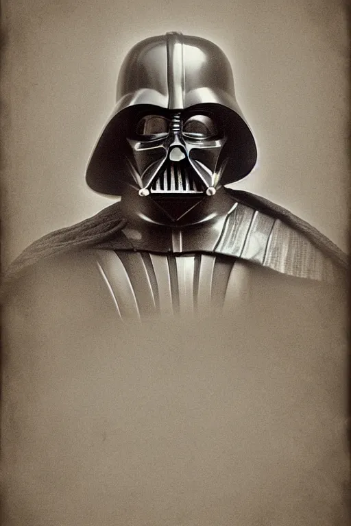 Prompt: darth vader, portrait, full body, anatomy, symmetrical features, silver iodide, 1 8 8 0 photograph, sepia tone, aged paper, sergio leone, master prime lenses, cinematic